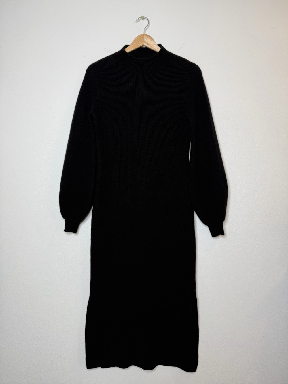 The Curated 100% Cashmere Rollneck puff sleeve midi dress in black size XS